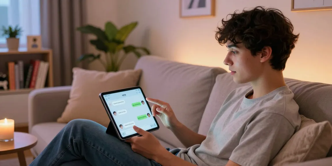 User enjoying NSFW chat bot interaction in a cozy, modern living room.