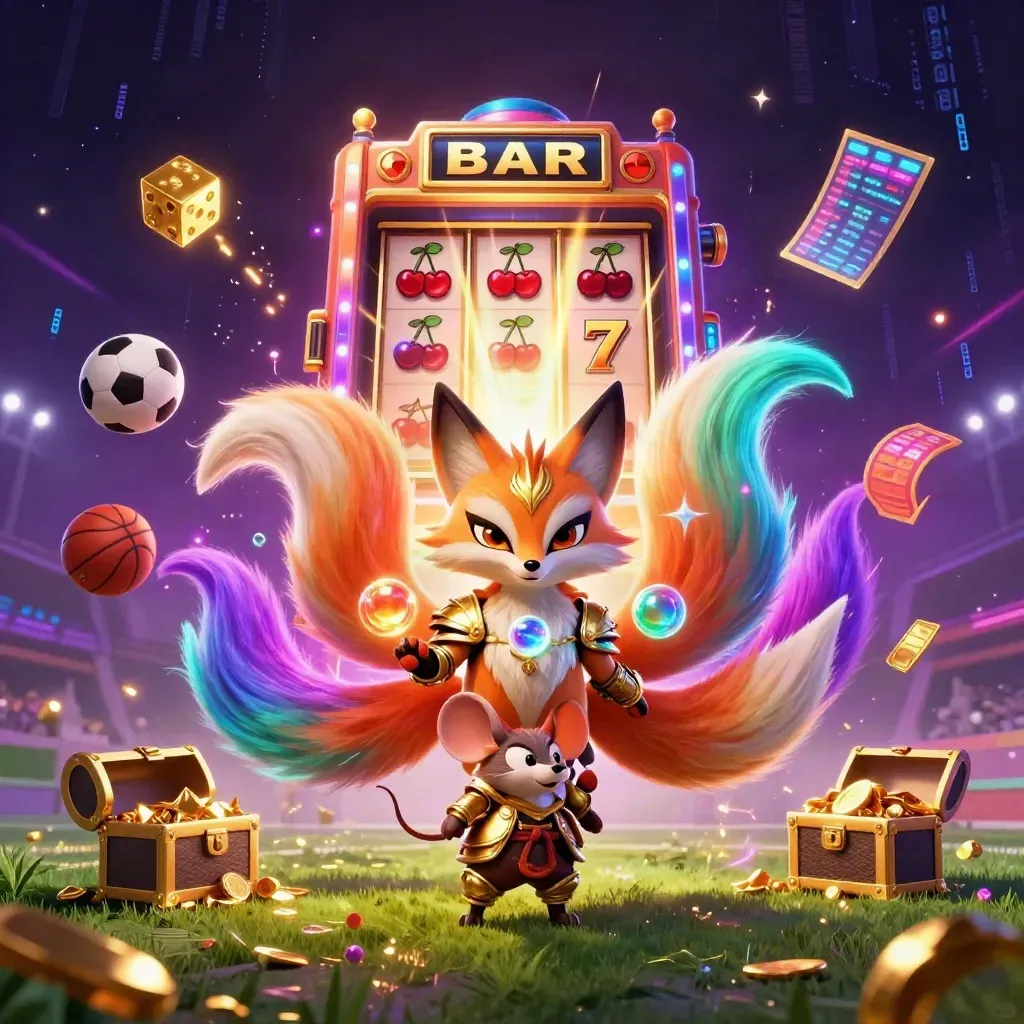 Neon fox spirit and gold-armored mouse amid exploding slot symbols, dice, balls, and jackpot light