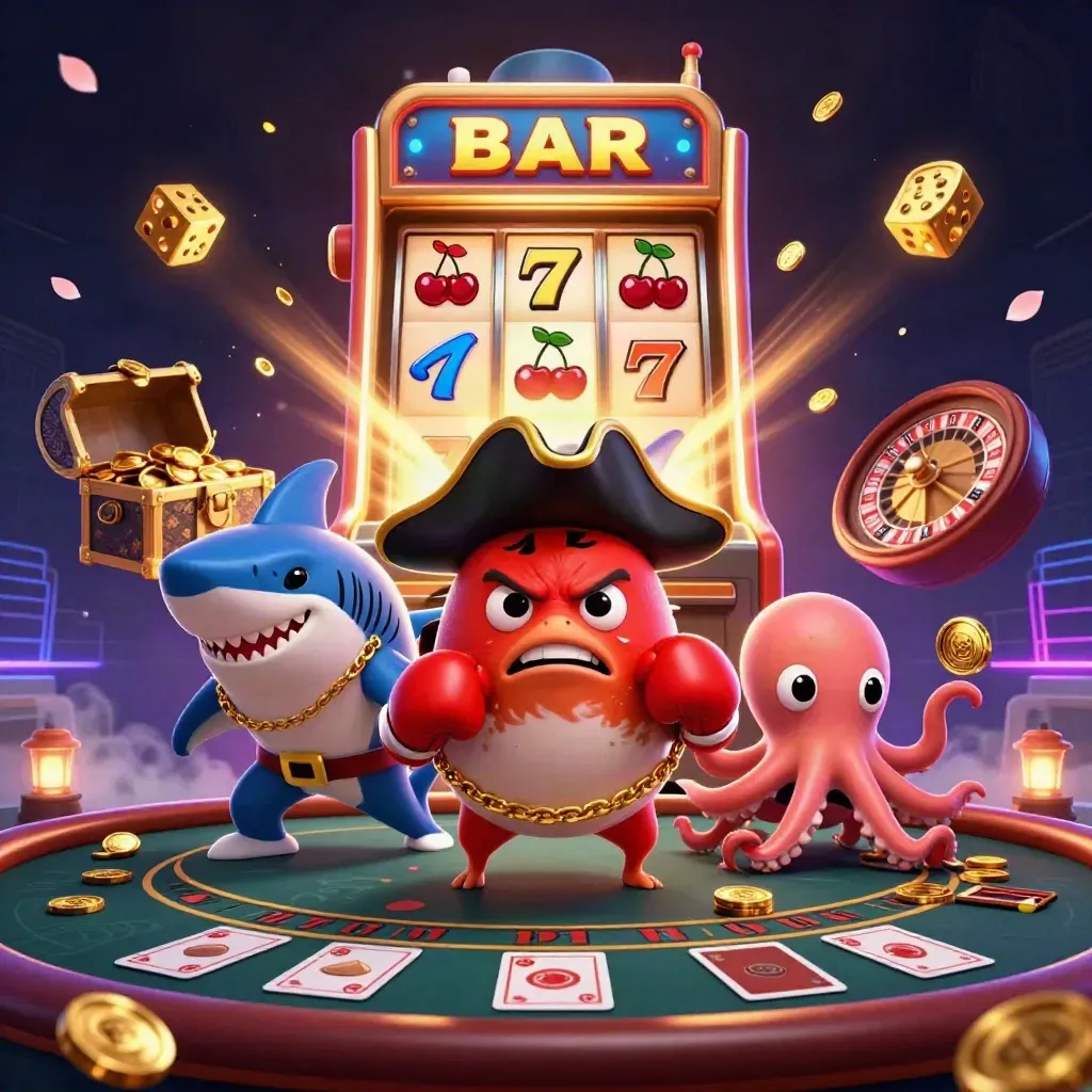 Pirate shark, pufferfish, and octopus amid jackpot slot bursts, coins, dice, and neon casino glow.