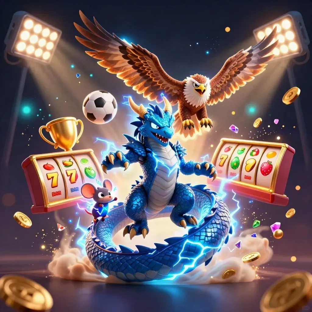 Thunder dragon, wind hawk, and static mouse burst through casino game effects and gold coins.