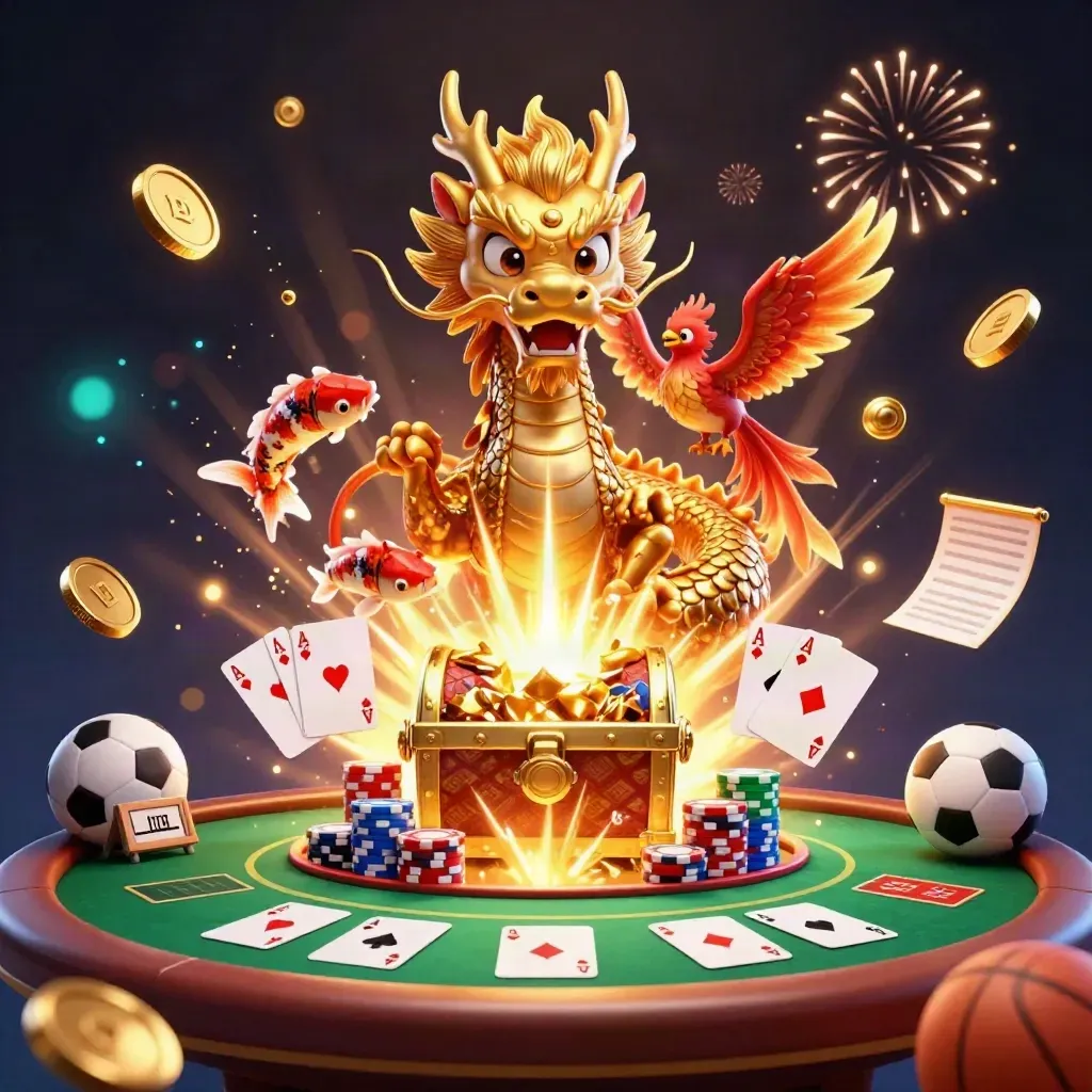 Golden dragon with phoenix and koi amid casino chips, coins, fireworks, and treasure burst