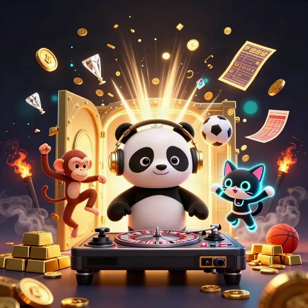 DJ panda, dancing monkey, glow-stick kitten, and a vault blast of gold coins and gems