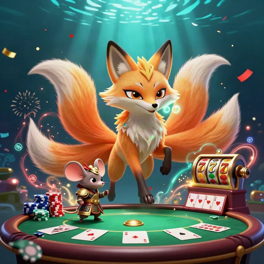 Fox spirit and samurai mouse amid casino chips, cards, reels, confetti, and glowing ocean light.